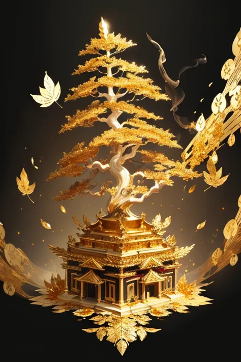 (gold leaf art:1.5)，the black and gold-rimmed bodhi tree fell from the sky, dunhuang murals as background, minimalist, line art,...