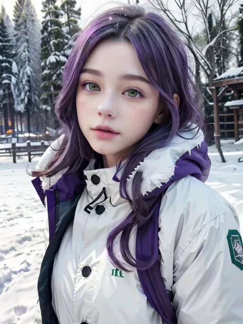 (8k), (highest quality), (best details)purple hair、green eyes、white down jacket、tattoo、curly hair、beautiful french woman、outdoor...