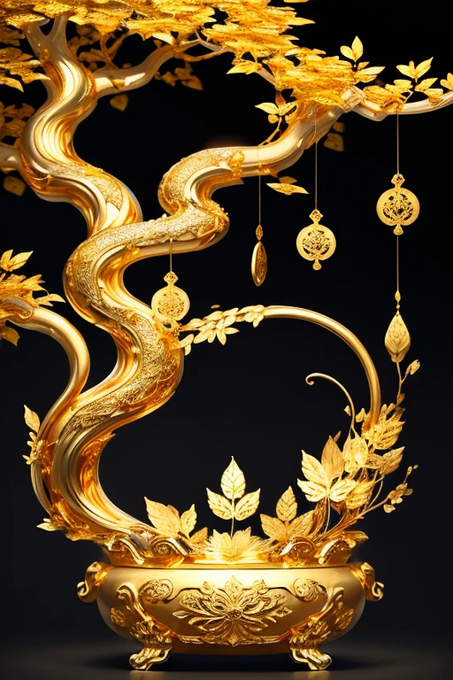 (Gold leaf art:1.5)，The black and gold-rimmed Bodhi tree fell from the sky, Dunhuang murals as background, minimalist, line art, From front and center to the ghostly smoke, Transition from entity to ghost, clever, strong yet calm, Rich in details, Psychedelic, extremely good, drama, Chinese ancient style, style, ink painting, fantasy, surreal, ethereal