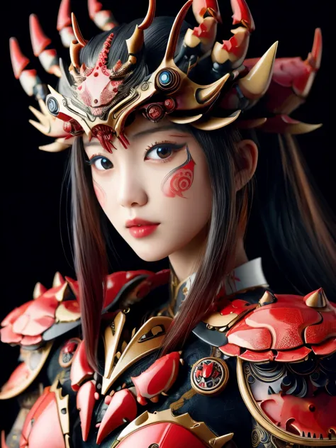 hyper-realistic portrait of a japanese girl wearing crab-inspired armor, intricate and detailed design, close-up, shallow depth ...