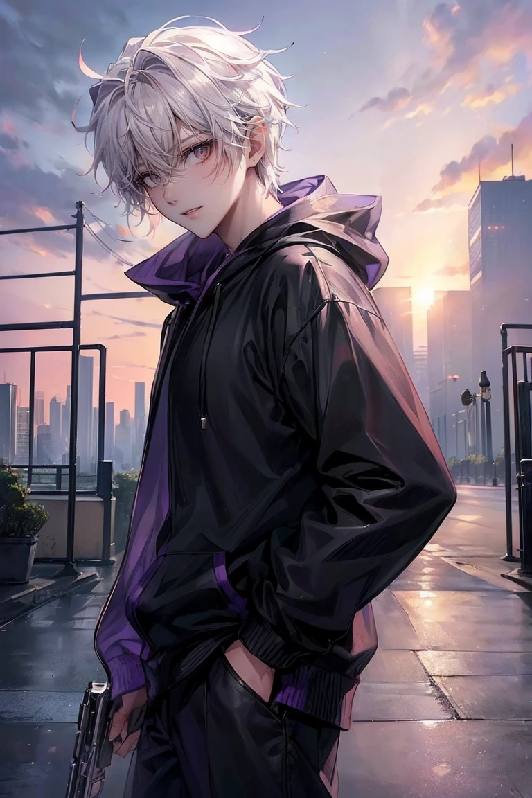 (4K works、(最high quality)、((City of night))、((In front of the main gate of the workplace))、((In front of the main gate of the building))、sunset view、adult male、((adult male 26 years old))、Cheerful man、expensive、((smiling face))、((Strong Eyes))、((He is wearing a black hoodie、Wearing black trousers))、((face becomes smaller))、because I&#39;thin、((hooligan))、((white hair))、((White short-haired))、((purple eyes))、((Shot from a close angle))、((one person))、((solo photo))、((Stand in front of the main gate))8K, High resolution, realistic, high quality, masterpiece, Character from a low angle, Display the area under your feet, Wearing a black coat and carrying a gun, City background with skyscrapers, Dusk or dawn time