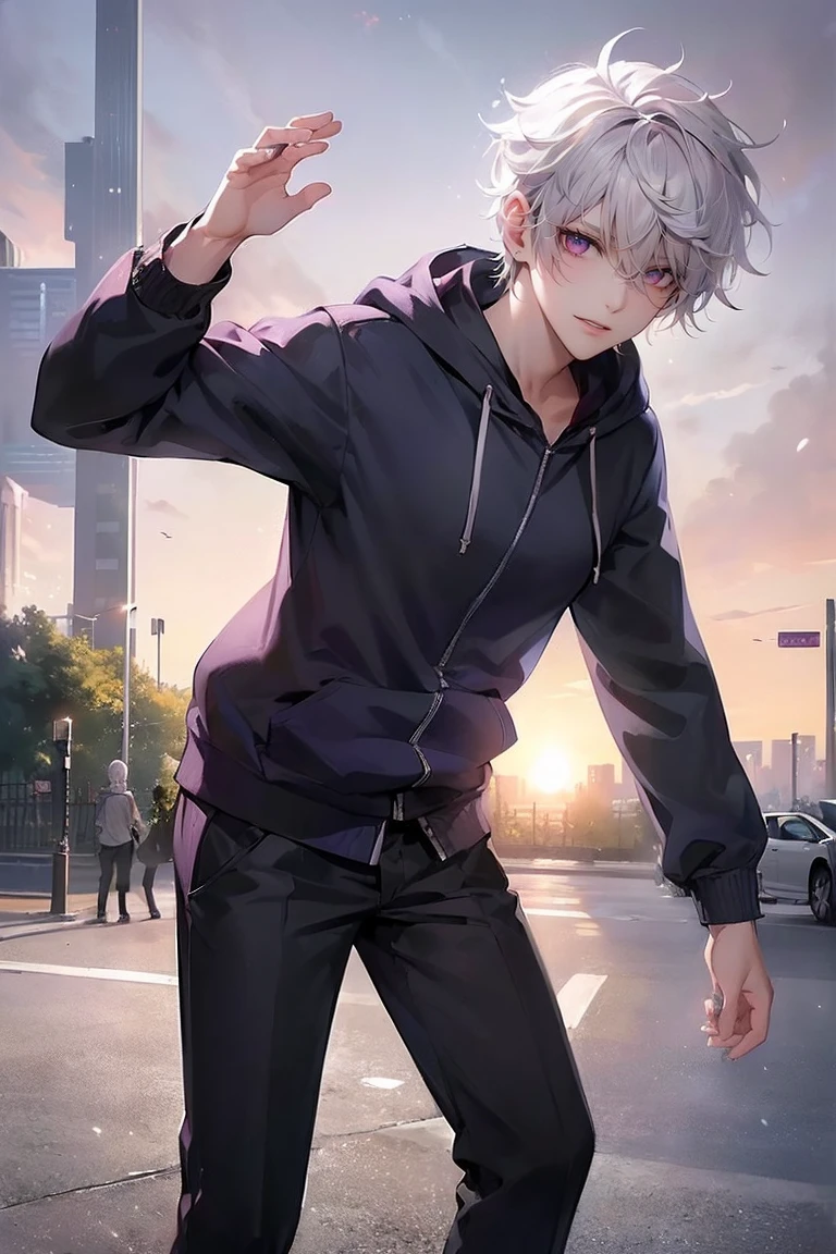 (4K works、(最high quality)、((City of night))、((In front of the main gate of the workplace))、((In front of the main gate of the building))、sunset view、adult male、((adult male 26 years old))、Cheerful man、expensive、((smiling face))、((Strong Eyes))、((He is wearing a white hoodie、Wearing black trousers))、((face becomes smaller))、because I&#39;thin、((hooligan))、((white hair))、((White short-haired))、((purple eyes))、((Shot from a close angle))、((one person))、((solo photo))、((Stand in front of the main gate))8K, High resolution, realistic, high quality, masterpiece, Character from a low angle, Display the area under your feet, Wearing a black coat and carrying a gun, City background with skyscrapers, Dusk or dawn time