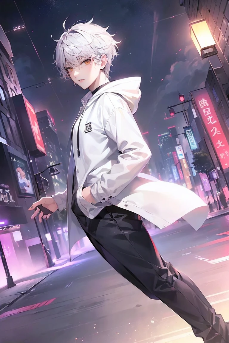 (4K works、(最high quality)、((City of night))、((In front of the main gate of the workplace))、((In front of the main gate of the building))、sunset view、adult male、((adult male 26 years old))、Cheerful man、expensive、((smiling face))、((Strong Eyes))、((He is wearing a white hoodie、Wearing black trousers))、((face becomes smaller))、because I&#39;thin、((hooligan))、((white hair))、((White short-haired))、((purple eyes))、((Shot from a close angle))、((one person))、((solo photo))、((Stand in front of the main gate))8K, High resolution, realistic, high quality, masterpiece, Character from a low angle, Display the area under your feet, Wearing a black coat and carrying a gun, City background with skyscrapers, Dusk or dawn time