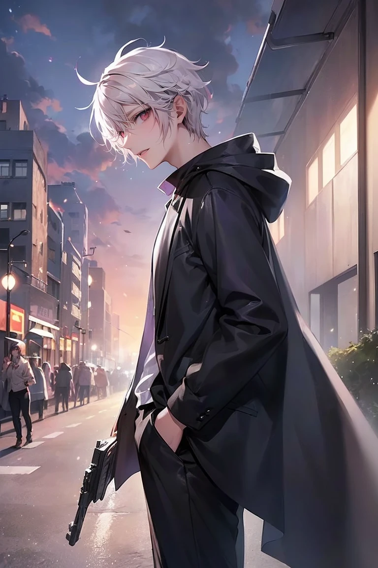 (4K works、(最high quality)、((City of night))、((In front of the main gate of the workplace))、((In front of the main gate of the building))、sunset view、adult male、((adult male 26 years old))、Cheerful man、expensive、((smiling face))、((Strong Eyes))、((He is wearing a black hoodie、Wearing black trousers))、((face becomes smaller))、because I&#39;thin、((white hair))、((White short-haired))、((purple eyes))、((Shot from a close angle))、((one person))、((solo photo))、((Stand in front of the main gate))8K, High resolution, realistic, high quality, masterpiece, Character from a low angle, Display the area under your feet, Wearing a black coat and carrying a gun, City background with skyscrapers, Dusk or dawn time