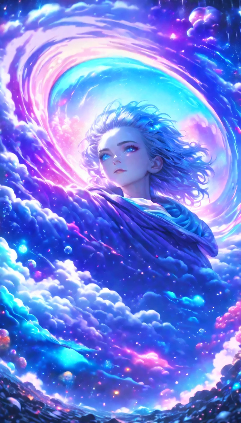 (best quality,8k,ultra-detailed,realistic,photorealistic:1.2),dreamy colors,lofi, vibrant colorful,watercolor,neon,glow,universe,galaxy,heavenly paradise,cloud sea,rain,1Boy,Silver Hair,Blue Eyes,Ultra Details,Infinite Colours