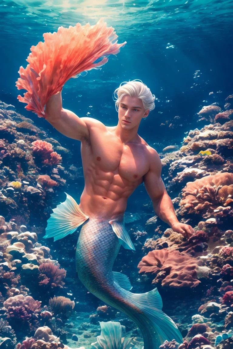 1 Male Mermaid, (Male Mermaid Model) Hot skin, masterpiece, top quality, The most handsome mermaid in the world, Tan Quan, Perfect body, chest muscles，abdominal muscles，Beautiful male model, blue eyes，Attractive male lead 20-25 perfect age, white hair, Long hair summer, seawater, blue sky, Baiyun, Underwater fantasy world，Colorful coral reefs，Solid handsome young mermaid, ultra high definition, 8K, male only .8K Ultra HD, DSLR camera, low light, high quality, film grain, Fuji XT3, Men&#39;s Breaststroke