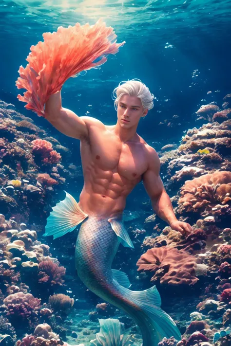 1 Male Mermaid, (Male Mermaid Model) Hot skin, masterpiece, top quality, The most handsome mermaid in the world, Tan Quan, Perfe...