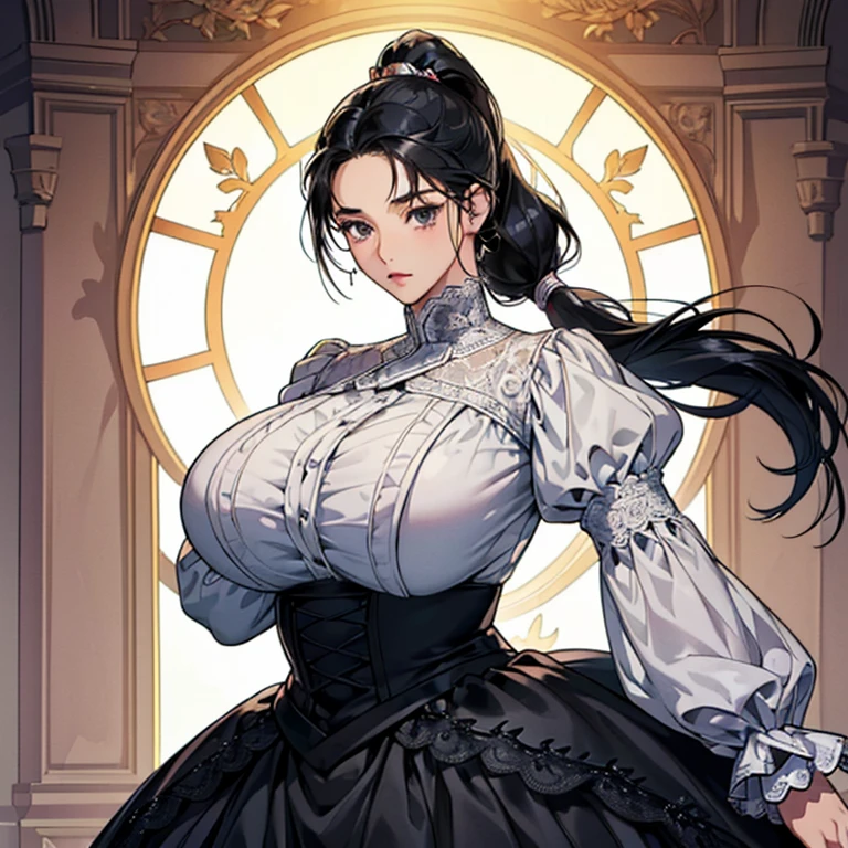 (Anime Moe Style)),((game CG)),(masterpiece),(highest quality), (Super detailed),shape,((very delicate and beautiful)),　,sharp look,looking at the viewer,(((18 years old female)),((whole body)),detailed face and eyes,Intense eyes like jewels,(long ponytail),,,(super huge breasts,Long and slightly saggy breasts,）　　　　plump body　black hair, black eyes　　A long-sleeved, long-skirted dress made entirely of lace. A body-hugging lace outfit.