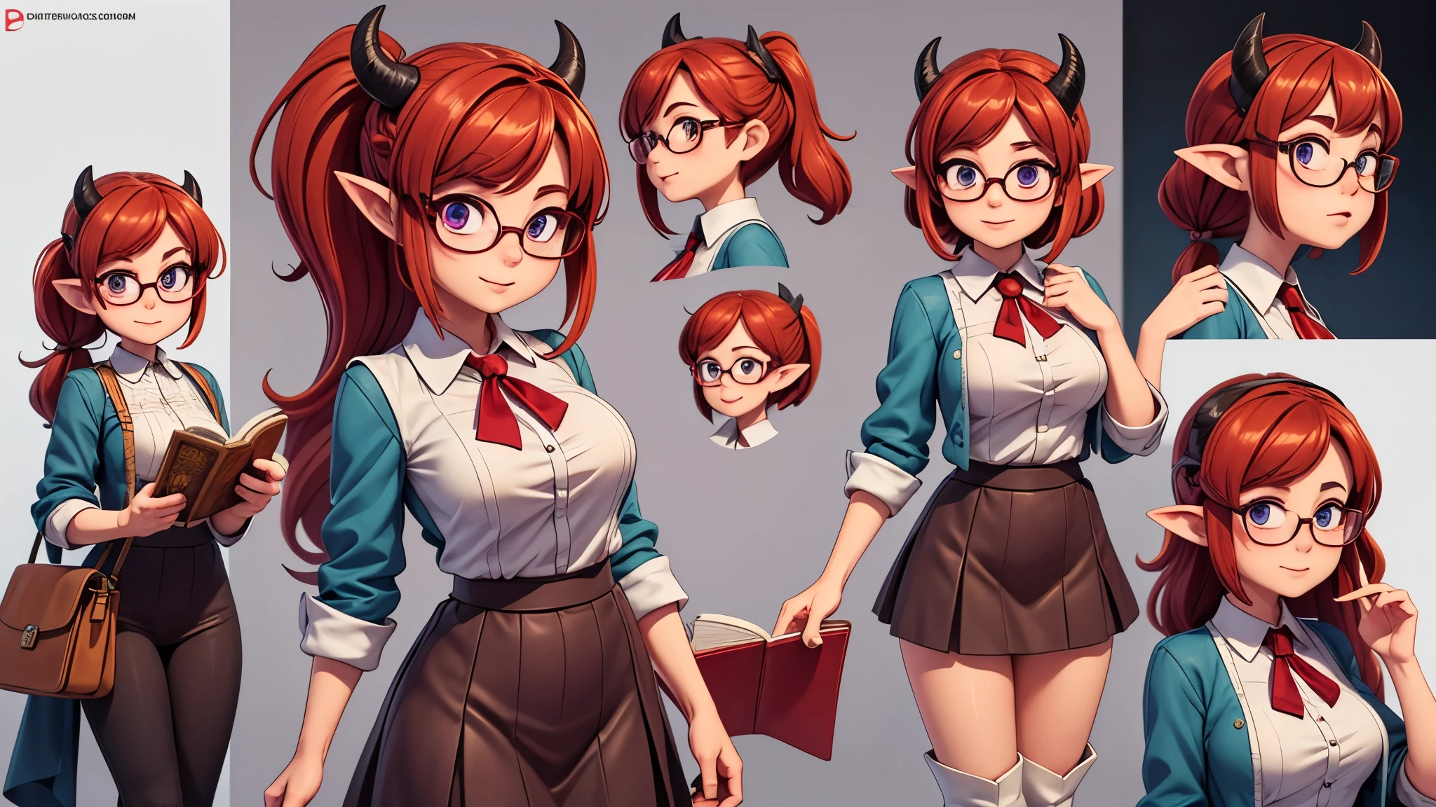 (Masterpiece, best quality), detailed, character sheet, many items (the same person, medieval royal clothes, magic academy uniform, blouse, skirt, glasses, reading glasses, white boots, many parts), athletic, busty, demon, demon girl, detailed beautiful purple eyes, detailed face, pointy ears, red hair and white skin, braided ponytail, demon horns, full of details.