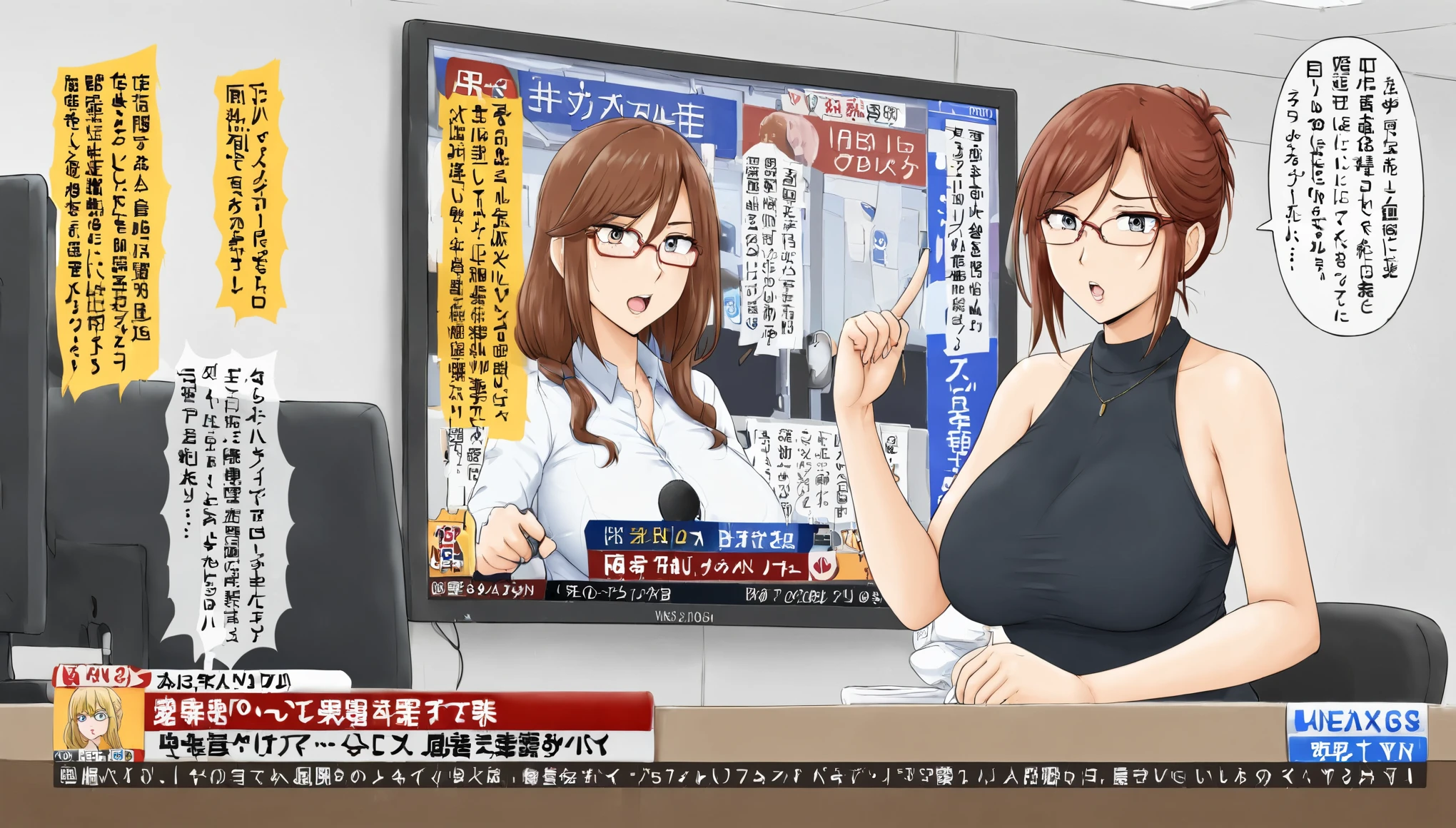 Anime news anchor with a woman in a black dress - SeaArt AI