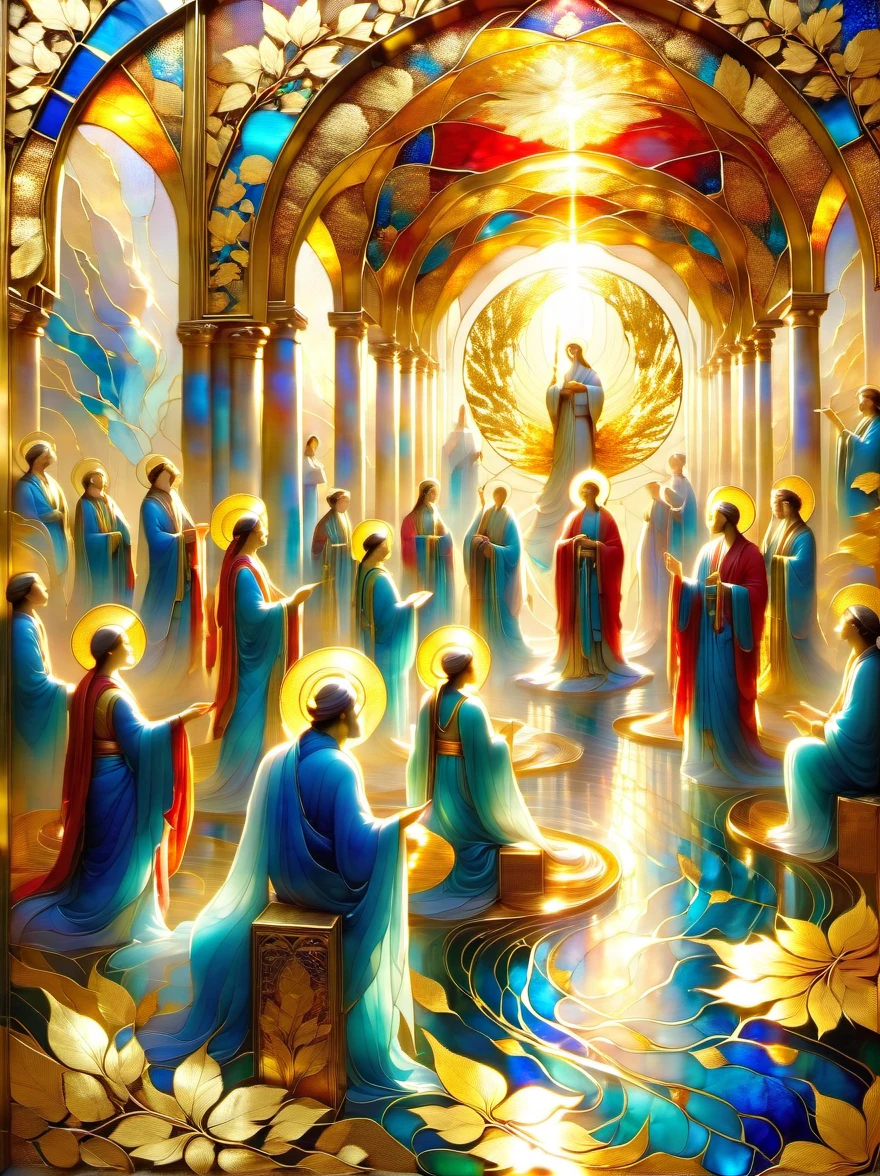 (Gold Leaf Art:1.6), Intricately designed gold leaf art glass windows，Full of red，blue，and golden hues，Gold leaf art brings religious imagery to life，The windows are bathed in soft golden sunlight，Create an ethereal atmosphere around，The presence of figures and the delicate brushwork further enhance the beauty of the composition.