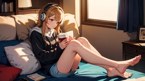 girl wearing headphones in her room、with a cup of coffee、reading a book、the background is a night city