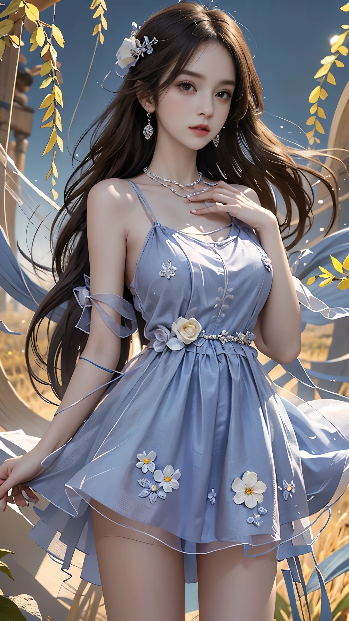 Sweet girl clothes2,pearl necklace,blue dress,flower,  masterpiece，best quality，High质量，High清晰度，High质量的纹理，High质量的阴影，High细节，Beautiful details，fine details，Extremely detailed CG，Detailed texture，lifelike的面部表现，lifelike的，colorful，Beautifully，sharp focus，(intricate details，Pure love face_v1:0.5)，(细节美Beautifully脸，(细节美Beautifully眼睛)，perfect比例的脸，HighSkin details，Skin details，The optimal ratio of four fingers to one thumb，emaciated:1.3)，1 girl，17 years old，High，(光滑的abdominal muscles:1.55)，(abdominal muscles:0.5)，beautiful，perfect，High，((Big breasts, big breasts, big breasts)), ((bare shoulders)), ((The skirt is very short)), (long legs)，(straight legs)，(thin waist)，((White skin))，White skin，((White skin))，(Emma Watson)，big breasts，((Caucasian))，Light blonde hair，Stand with your legs apart，looking at the audience，whole body，Portrait of cute blonde girl，((Standing in the wheat field,look into the distance))，bloom，orange mist，kinetic，strands of hair，lifelike，High品质渲染，amazing art，High品质，Film texture，Fuji XT3，dream