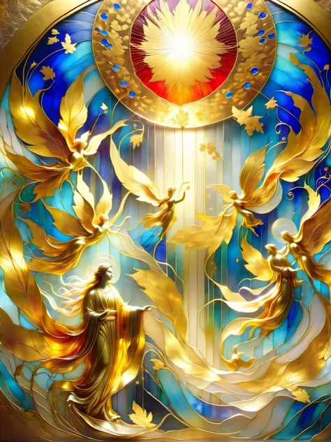 (Gold Leaf Art:1.6), Intricately designed gold leaf art glass windows, Full of red, blue, and golden hues, Gold leaf art brings ...