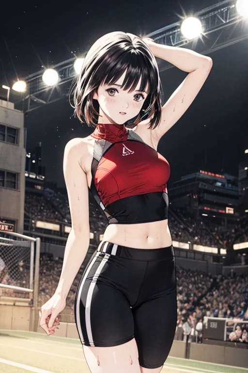 (8K、top-quality、​masterpiece:1.2)、(realisitic、ultra-detailliert、超A high resolution、1 girl,beautifull detailed face,perfect body,((very short black hair)),((daytime)),Constriction、(Slim waist :1.3)、Beautiful detailed skin、Skin Texture、Floating hair、Professional Lighting),(track and field,running wear,tiny size,running hard,sweat,sports park),sideboobs,full face blush,,wearing random color,((daytime))