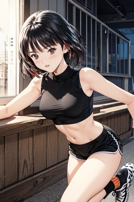 (8K、top-quality、​masterpiece:1.2)、(realisitic、ultra-detailliert、超A high resolution、1 girl,beautifull detailed face,perfect body,((very short black hair)),((daytime)),Constriction、(Slim waist :1.3)、Beautiful detailed skin、Skin Texture、Floating hair、Professional Lighting),track and field,crop top,(navel:1.1),abs,running shoes,mini shorts,running hard,sweat,sports park),sideboobs,full face blush,,wearing random color,((daytime))