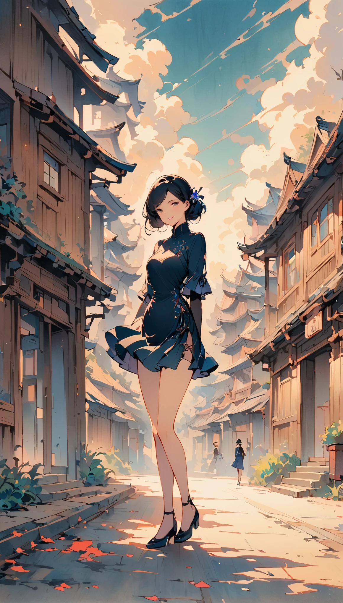 masterpiece, illustration, Retro, wide angle, 1 girl standing in the middle of the road, alone, Cherry blossom trees on the side of the road, whole body, 1920s, Exquisite hairstyle, delicate lips, Smile, sweater, short skirt, Retro时尚, Outdoor streetscape, Wooden construction, traditional media, Sky, background中的散焦阳Light營造出溫暖誘人的氛圍, work, balance, , rhythm, color, Light, shadow, reflection, refraction, Tone, Compared, prospect, middle ground, background, naturalistic, metaphorical, Representative.