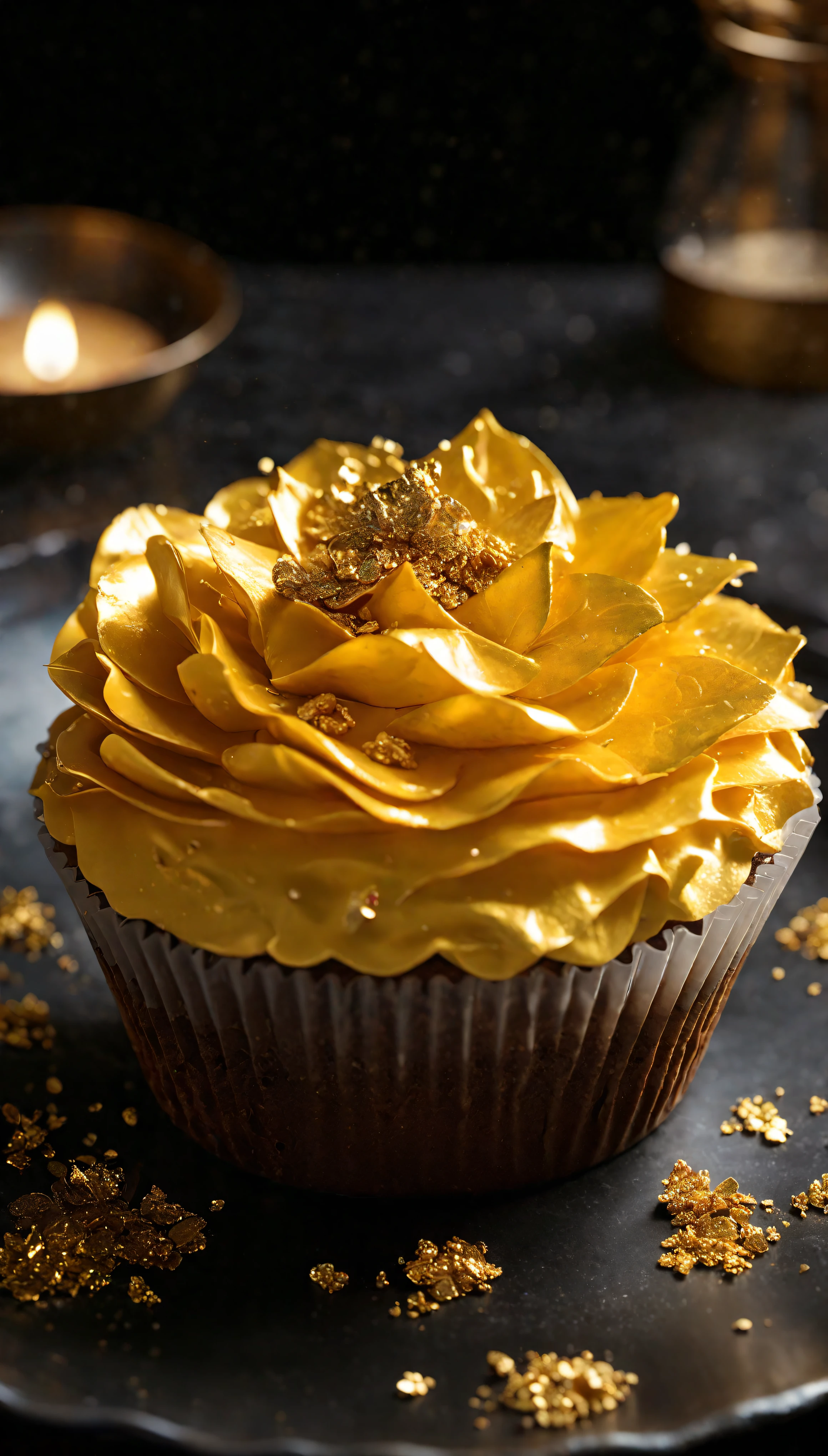 ((Masterpiece in maximum 16K resolution):1.6),((soft_color_photograpy:)1.5), ((Ultra-Detailed):1.4),((Movie-like still images and dynamic angles):1.3). | (Macro shot cinematic photo of delightful dessert with micro gold leaf), (edible micro gold leaf), (focus on the dessert), (macro lens), (exotic cuisines), (Candles), (luminous object), (delightful atmosphere), (shimmer), (aesthetic dessert accesories), (visual experience),(Realism), (Realistic),award-winning graphics, dark shot, film grain, extremely detailed, Digital Art, rtx, Unreal Engine, scene concept anti glare effect, All captured with sharp focus. | Rendered in ultra-high definition with UHD and retina quality, this masterpiece ensures anatomical correctness and textured skin with super detail. With a focus on high quality and accuracy, this award-winning portrayal captures every nuance in stunning 16k resolution, immersing viewers in its lifelike depiction. | ((perfect_composition, perfect_design, perfect_layout, perfect_detail, ultra_detailed)), ((enhance_all, fix_everything)), More Detail, Enhance.