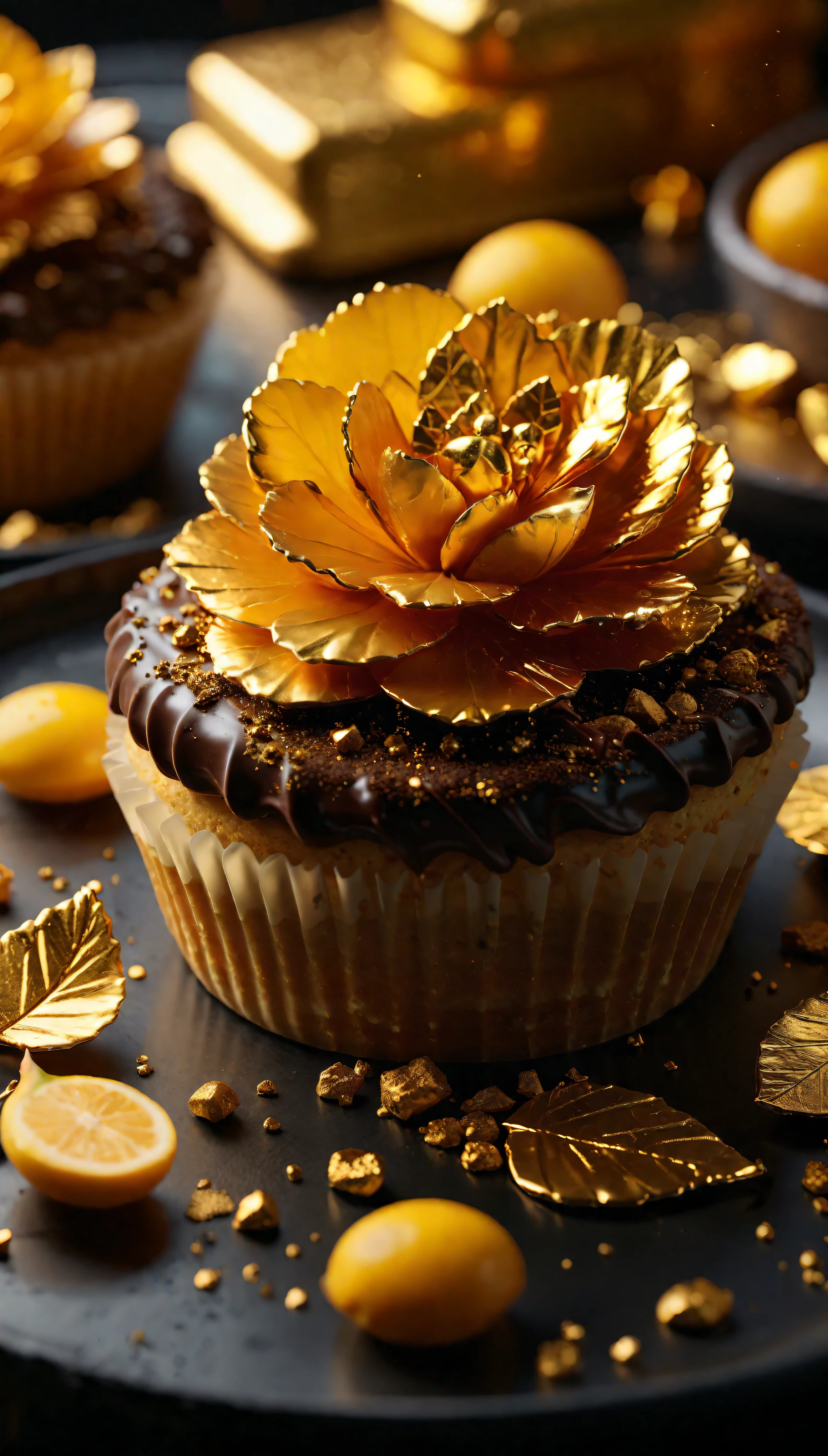 ((Masterpiece in maximum 16K resolution):1.6),((soft_color_photograpy:)1.5), ((Ultra-Detailed):1.4),((Movie-like still images and dynamic angles):1.3). | (Macro shot cinematic photo of delightful dessert with micro gold leaf), (edible micro gold leaf), (focus on the dessert), (macro lens), (exotic cuisines), (Candles), (luminous object), (delightful atmosphere), (shimmer), (aesthetic dessert accesories), (visual experience),(Realism), (Realistic),award-winning graphics, dark shot, film grain, extremely detailed, Digital Art, rtx, Unreal Engine, scene concept anti glare effect, All captured with sharp focus. | Rendered in ultra-high definition with UHD and retina quality, this masterpiece ensures anatomical correctness and textured skin with super detail. With a focus on high quality and accuracy, this award-winning portrayal captures every nuance in stunning 16k resolution, immersing viewers in its lifelike depiction. | ((perfect_composition, perfect_design, perfect_layout, perfect_detail, ultra_detailed)), ((enhance_all, fix_everything)), More Detail, Enhance.