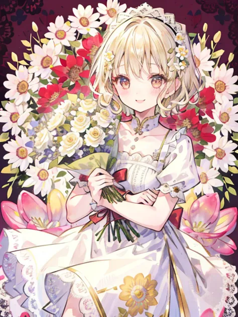 girl,thin blonde hair,short hair、wavy hair,holding a bouquet of lace flowers,celebration,｢1300｣character,big smile,((flower back...