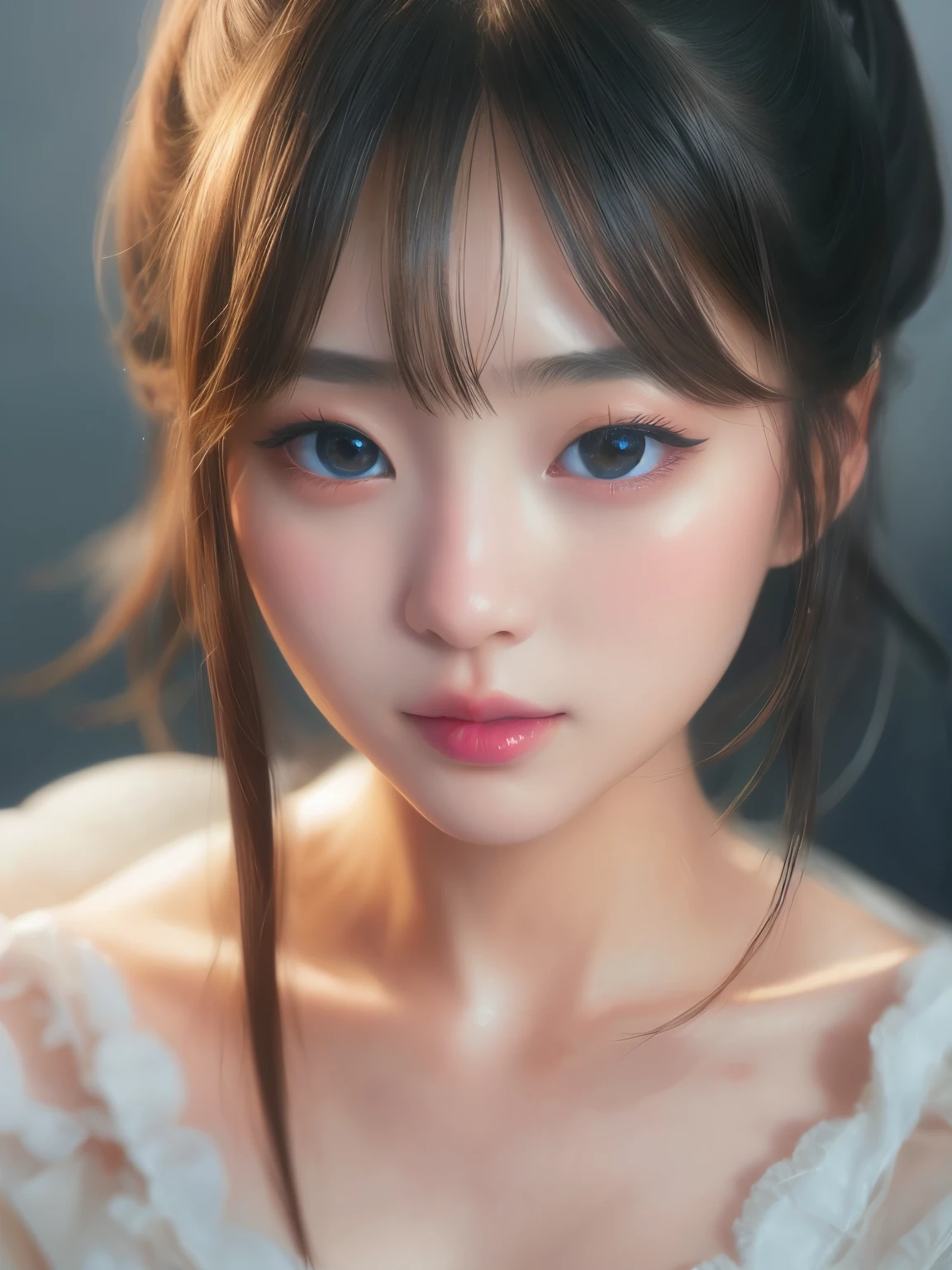 Hyper-realistic portrait of a Japanese girl, elegant and sophisticated, close-up, shallow depth of field, soft lighting, high resolution, accurate representation, unique, creative, well-lit, clear details, Canon EOS R5, 85mm lens, f/1.2, refined, well-composed, unique pose, neutral color tones, intricate details, natural beauty