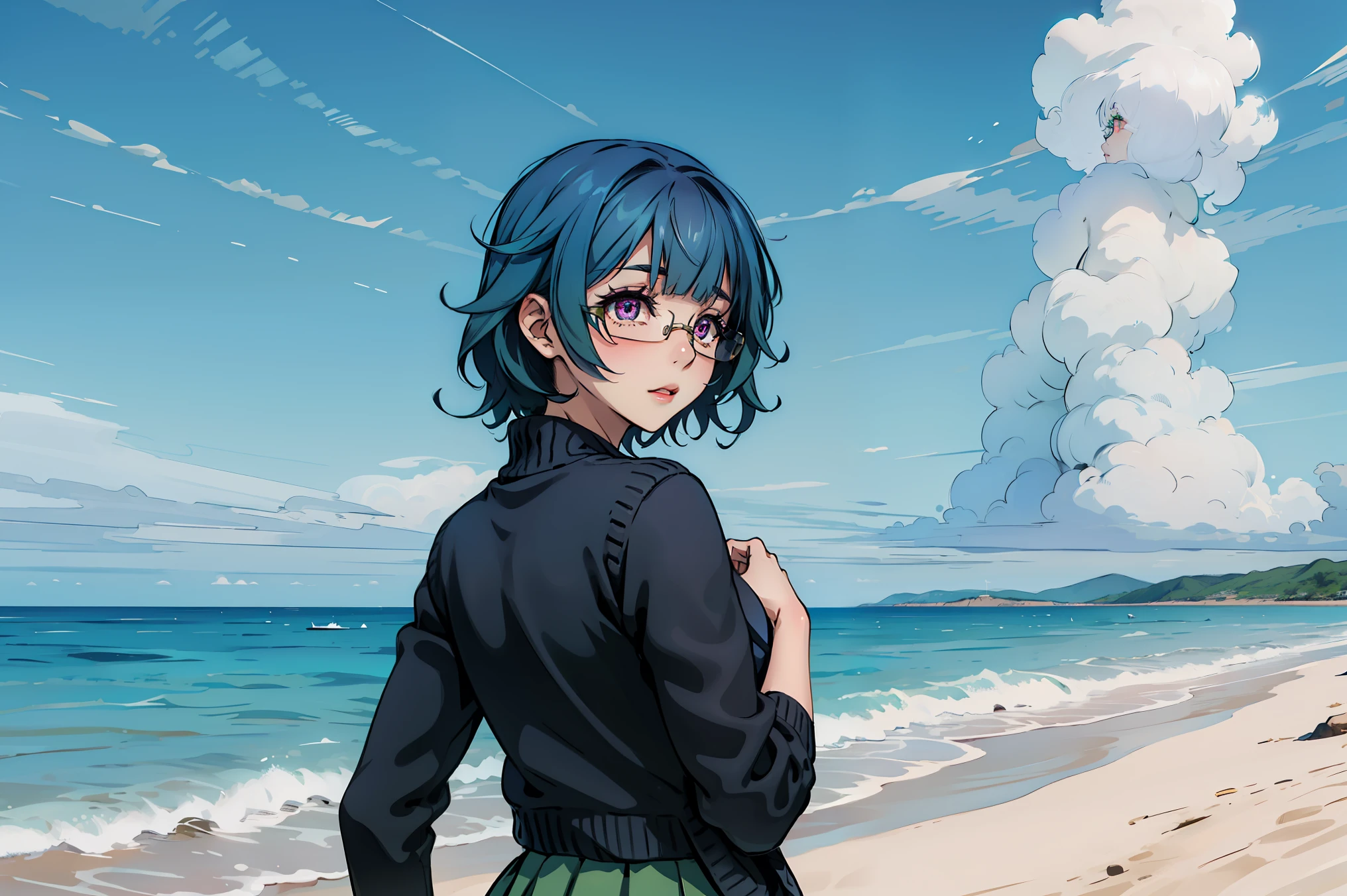 sarashiki kanzashi,1girl,solo,short hair,blue hair,red eyes,glasses,bangs,medium hair,
BREAK (green skirt, open cardigan, black cardigan:1.2),
BREAK (outdoor,Blue sky,White cloud,beach,shore,seawater:1.2)
BREAK facing away, looking back, ((upper body)), standing,
BREAK (masterpiece:1.2), best quality, high resolution, unity 8k wallpaper, (illustration:0.8), (beautiful detailed eyes:1.6), extremely detailed face, perfect lighting, extremely detailed CG, (perfect hands, perfect anatomy),