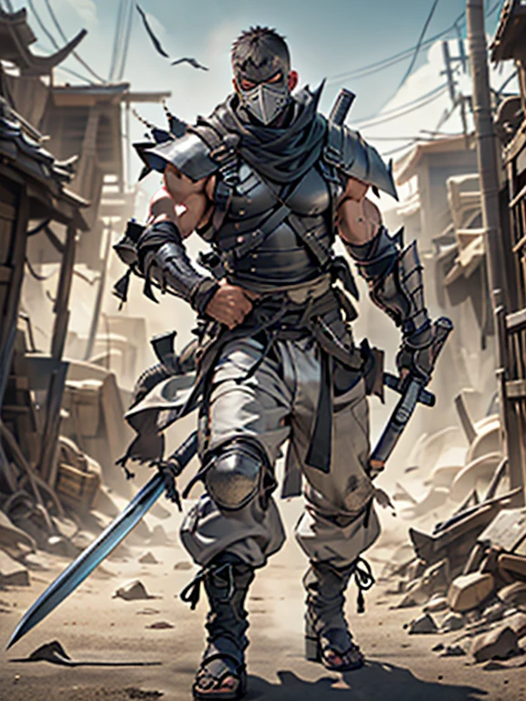 Male, short, muscular, black hair, messy crew cut, googly eyes, silver mask covered lower face, ninja kimono, white pants, clogs, leather armor, carry a huge katana on his back