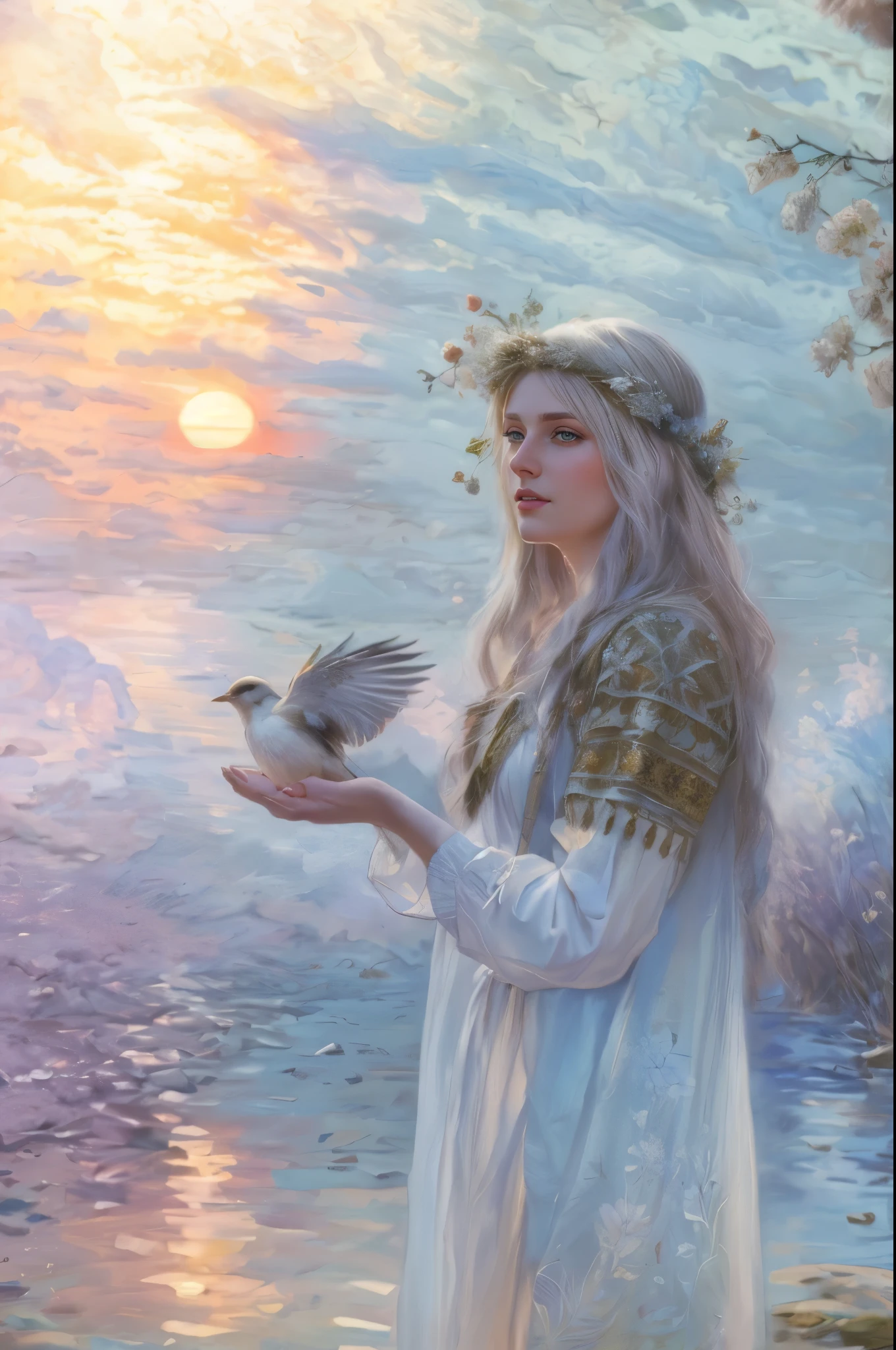 fantasy portrait of the character, Ancient Russian goddess Lada, dressed in a white shirt with embroidery, on her head a wreath of wildflowers, standing in the bank of a forest river, holding a magic bird in her hand, looking at the sunrise, nature is waking up, birds are chirping, calm joyful atmosphere, natural light, digital illustration, high key, in the style of Andrei Shishkin, Vasnetsov, book cover, masterpiece, book cover, masterpiece artstation painting concept art of detailed character design matte painting, 8 k resolution, sharp focus