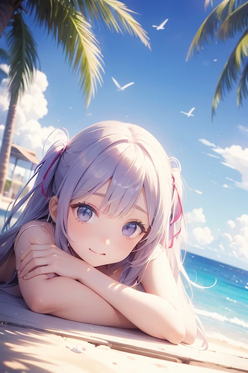 Blush, Serapuk, collarbone, ribbon, upper body, Condition the hair, wind, floating hair,purple hair, spread your arms. (((Desperate face.)))lie down.face.small breasts,Take off all clothes.((be happy))), (((bikini))), (((outdoor, shining sky, sunlight, summer, beach, Resort, palm tree, flying seagull, spread your arms. (((Desperate face.)))lie down.face.small breasts,