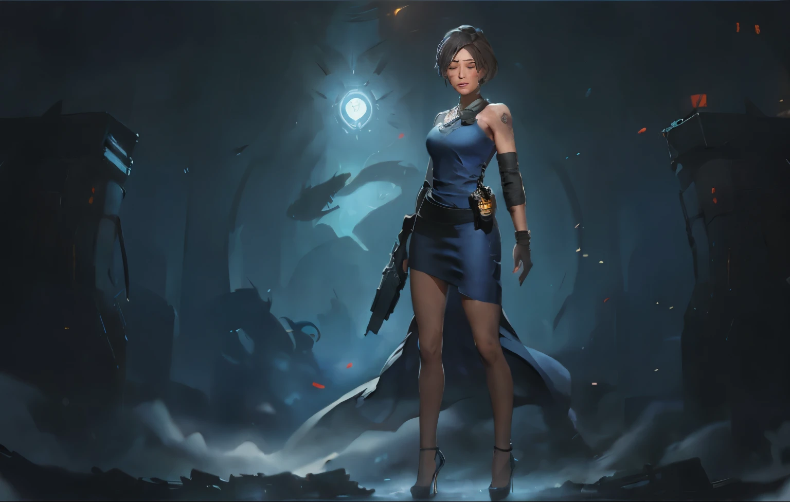 Une femme en robe bleue，Main droite couvrant la main gauche，Cicatrices sur tout le corps, Douleur les yeux fermés，Porter des talons hauts，Prise de vue complète du corps, Charmante Jill Valentine, Le femshep, Gianna seule, Traceur en robe moulante, Kushat Krentz art critique femmes, Personnages féminins de science-fiction, héroïne, 《surveillance》Anna est dans, art conceptuel moderne, Rayon, gros plan du corps entier, Art conceptuel expert très détaillé, rôle de chercheur d&#39;étoiles