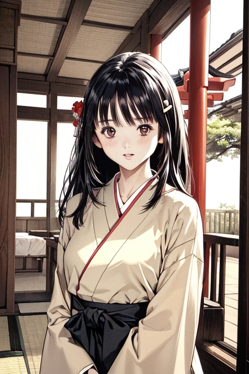 (8K、top-quality、​masterpiece:1.2)、(realisitic、ultra-detailliert、超A high resolution、1 girl,beautifull detailed face,perfect body,((long black hair)),((daytime)),Constriction、(Slim waist :1.3)、Beautiful detailed skin、Skin Texture、Floating hair、((daylight)),(miko:1.1),red hakama,hakama skirt, japanese clothes, kimono,wide sleeves,white kimono, ,hair ornament, hairclip,japanese shrine,in full face blush,,wearing random color,((daytime))((upper body shot))