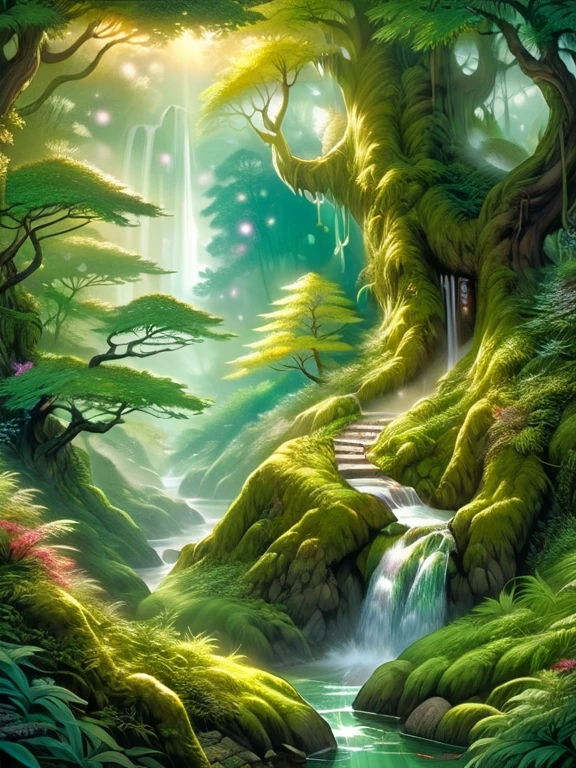 lush green forest, magical atmosphere, traditional Japanese painting techniques, vibrant colors, soft lighting, detailed fur, mystical presence, intricate patterns