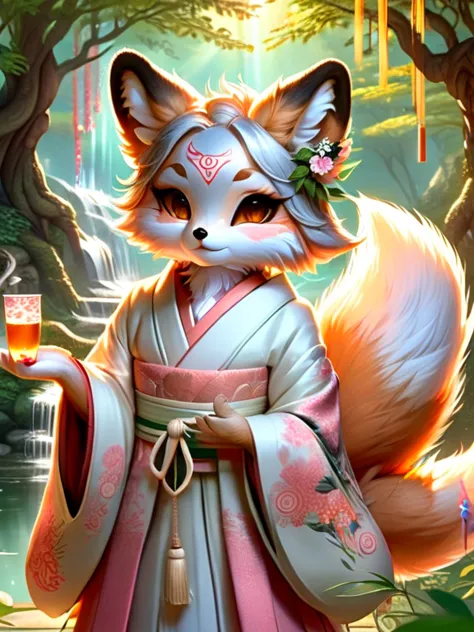 lush garden, vibrant colors, traditional japanese art style, detailed fox mask, mystical atmosphere, sunlight filtering through ...