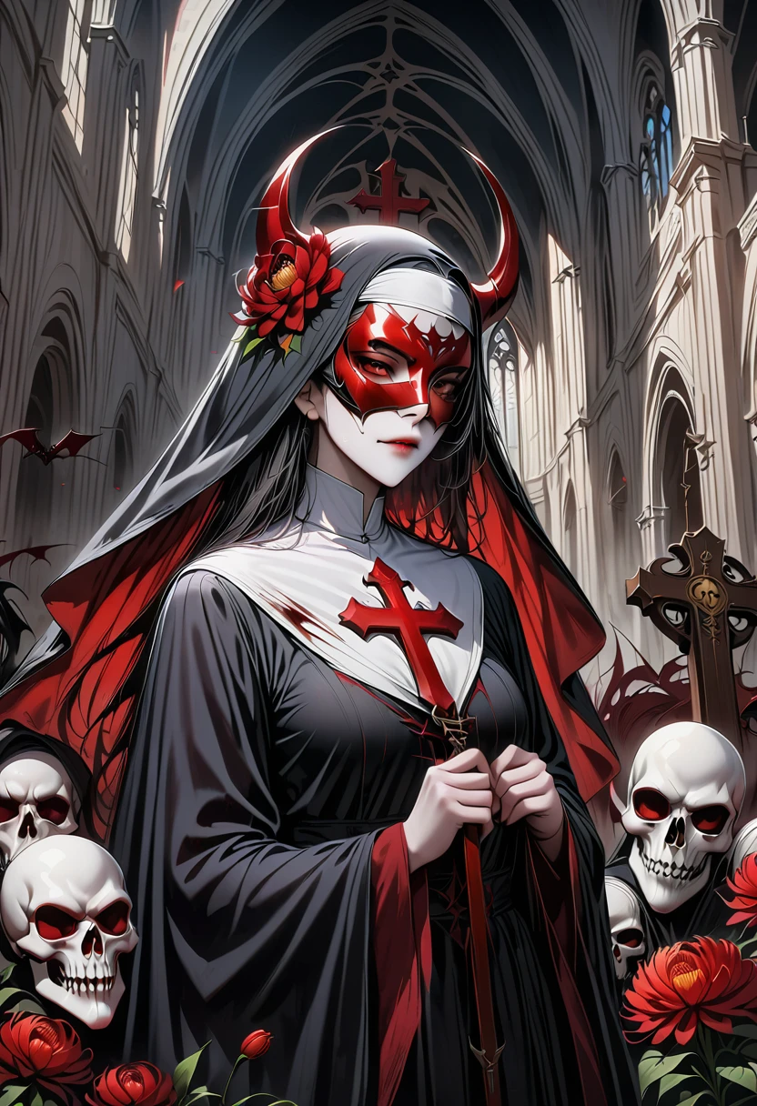 (best quality,4K,8K,high resolution,masterpiece:1.2),Super detailed,(actual,photoactual,photo-actual:1.37),Giant cross：1.37，Spacious church,Beautiful nun,black robe，(meticulously made,Gorgeous) mask,Demons around,skull,bloody,red lily,red chrysanthemum,flame,Light.bloody，blood stains，，flame，