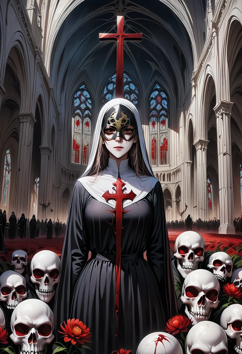 (best quality,4K,8K,high resolution,masterpiece:1.2),Super detailed,(actual,photoactual,photo-actual:1.37),Giant cross：1.37，Spacious church,Beautiful nun,black robe，(meticulously made,Gorgeous) mask,Demons around,skull,bloody,red lily,red chrysanthemum,flame,Light.bloody，blood stains，，flame，