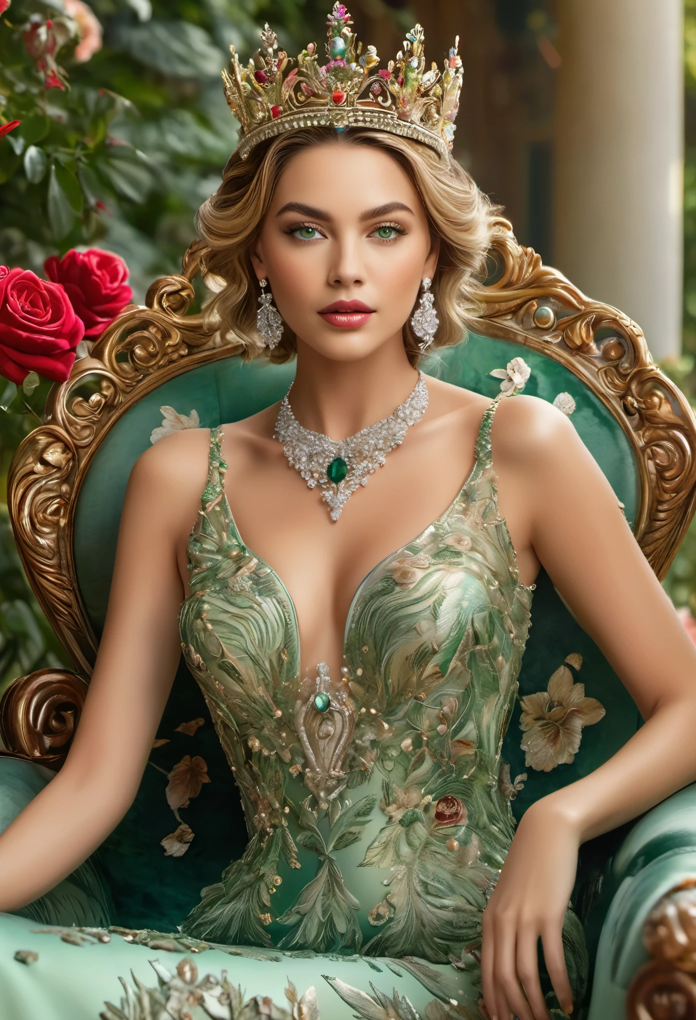 (椅子，女王)，非常に詳細な写真，(最高品質，4K，高解像度，傑作:1.2)，超高密度の詳細，鮮やかな色彩，繁栄と贅沢，華やかな宝石の王冠，魅力的なネックライン，ゴージャスでエレガントな女の子，王冠をかぶる，詳細な緑色の目，輝く宝石，雄大な姿勢，ふっくらとした唇，すべすべの肌，素晴らしいバラ園に囲まれた，金属の質感が随所に，豪華な壁画，静かで優雅な雰囲気，華やかな宮殿の舞踏会，羽根と真珠で飾られたドレス，女性の力と美しさが完全に明らかになる，強い矛盾とバランス感覚。