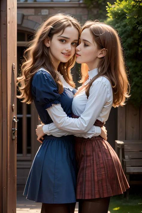 Masterpeice, two girls, kissing, hugging, (Virginia Otis, 15 years old (blond hair, blue eyes)) pose with (16 years old Georgie ...