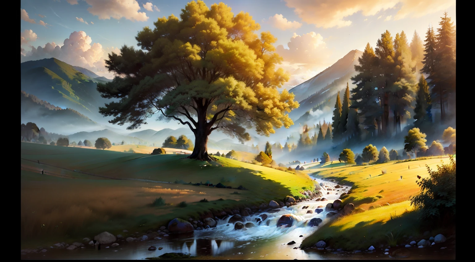 A countryside landscape with a large tree next to a stream, amanecer, Dramatic soft light, pintura de acuarela, classic style, colores ricos, Pinceladas, harmony color textures, retratos expresivos, dynamic composition, capturando luces y sombras, arte, belleza eterna. Al fondo un profesor investiga las especies de plantas de la pradera.