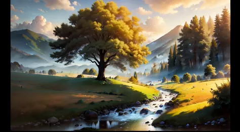 a countryside landscape with a large tree next to a stream, amanecer, dramatic soft light, pintura de acuarela, classic style, c...