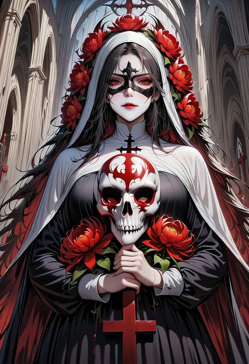 (best quality,4K,8K,high resolution,masterpiece:1.2),Super detailed,(actual,photoactual,photo-actual:1.37),Giant cross：1.37，Spacious church,Beautiful nun,black robe，(meticulously made,Gorgeous) mask,Demons around,skull,bloody,red lily,red chrysanthemum,flame,Light.bloody，blood stains，，flame，