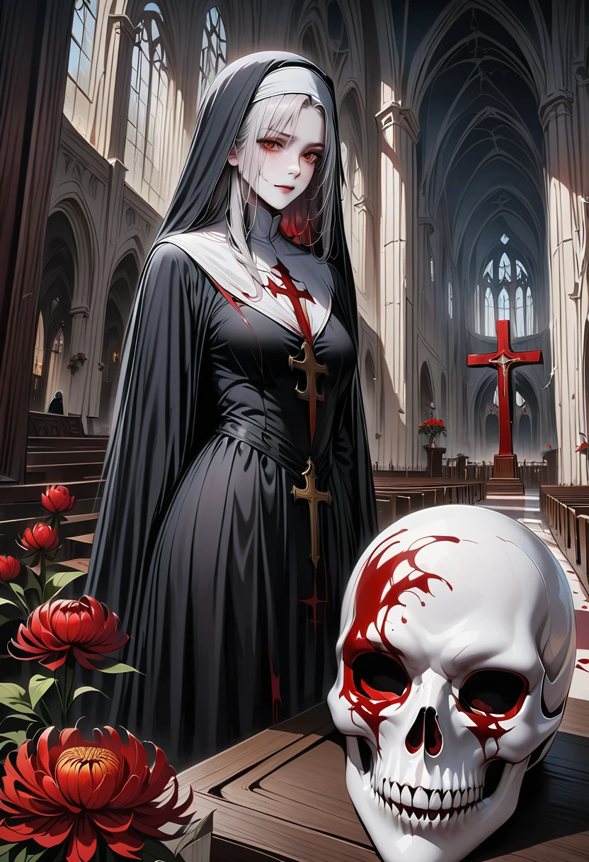 (best quality,4K,8K,high resolution,masterpiece:1.2),Super detailed,(actual,photoactual,photo-actual:1.37),Giant cross：1.37，Spacious church,Beautiful nun,black robe，(meticulously made,Gorgeous) mask,Demons around,skull,bloody,red lily,red chrysanthemum,flame,Light.bloody，blood stains，，flame，