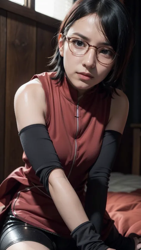 (best quality, high-res, realistic:1.2), Sarada Uchiha, short hair, detailed eyes, detailed lips, glasses, vibrant colors, dynam...