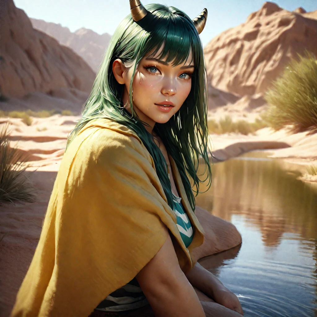 Lum,(best quality,4k,8k,highres,masterpiece:1.2),ultra-detailed,(realistic,photorealistic,photo-realistic:1.37),desert,oasis,small lake,yellow poncho,joyful,looking at the viewer,scorching sun,wiping sweat,blue eyes,dark green hair,tiny tiger-striped horns