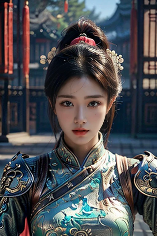 Game art，The best picture quality，Highest resolution，8K，(A bust photograph)，(Portrait)，(Head close-up)，(Rule of thirds)，Unreal Engine 5 rendering works， (The Girl of the Future)，(Female Warrior)， 
20-year-old girl，(The warrior in ancient China)，An eye rich in detail，(Big breasts)，Elegant and noble，indifferent，(Brave)，
(Costumes of ancient Chinese characters，A random pattern of clothing，Ribbon，Joint Armor，Rich dress details，)Chinese characters，fantasy style，
photo poses，wild background，Movie lights，Ray tracing，Game CG，((3D Unreal Engine))，oc rendering reflection pattern