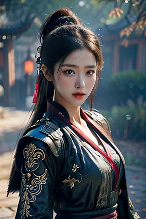 Game art，The best picture quality，Highest resolution，8K，(A bust photograph)，(Portrait)，(Head close-up)，(Rule of thirds)，Unreal Engine 5 rendering works， (The Girl of the Future)，(Female Warrior)， 
20-year-old girl，(The warrior in ancient China)，An eye rich in detail，(Big breasts)，Elegant and noble，indifferent，(Brave)，
(Costumes of ancient Chinese characters，A random pattern of clothing，Ribbon，Joint Armor，Rich dress details，)Chinese characters，fantasy style，
photo poses，wild background，Movie lights，Ray tracing，Game CG，((3D Unreal Engine))，oc rendering reflection pattern