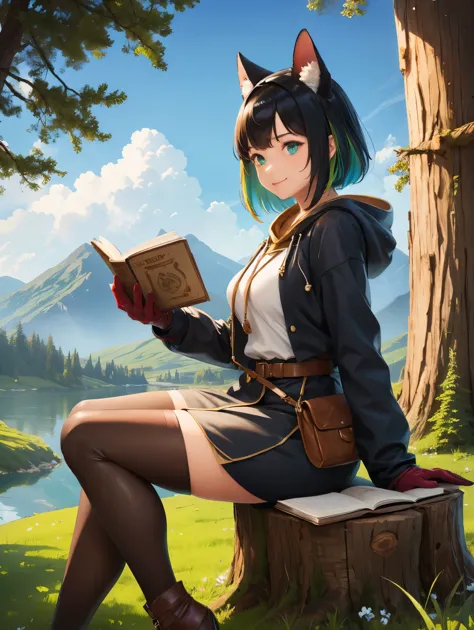 masterpiece, best quality,, 1girl, sitting, animal, animal ears, bird, black_hair, book, bookmark, branch, gloves, grass, green ...