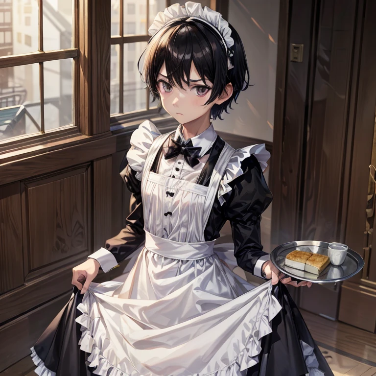 1boy, maid, black hair, black eyes, shy, blush, short hair, carrying tray