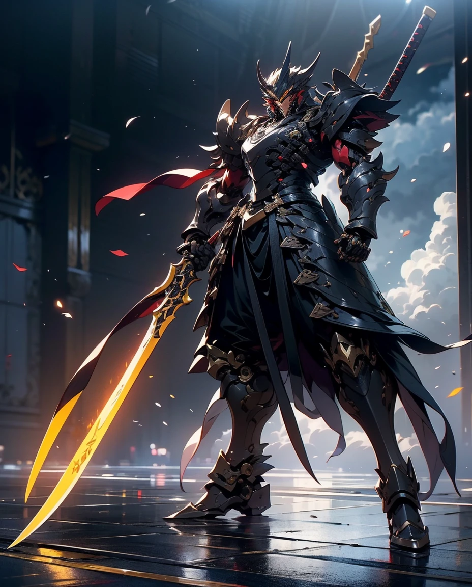 super wide shot, Full body frontal photo,Mecha male warrior，The heroic demeanor of the Three Kingdomech color: Red and dark series》，（《Romance of the Three Kingdoms》，《Lu Bu》，Holding Fang Tian's halberd in his hand，），（Full body mecha）, Keqing from Genshin Impact, (Masterpiece) ， The best quality， High quality，Gold armor，movie lighting， （Exquisite future）， Beautiful and beautiful， Ultra detailed， great composition， Floating， Depth of field， （Very detailed CG，Unity 8k wallpaper）， （Beautiful detail background）， dramatic lights， GOGETTA， Mecha，best qualtiy，Ultra-high 8K Ultra HD，digital SLR camera，high qulity，Film grain resolution