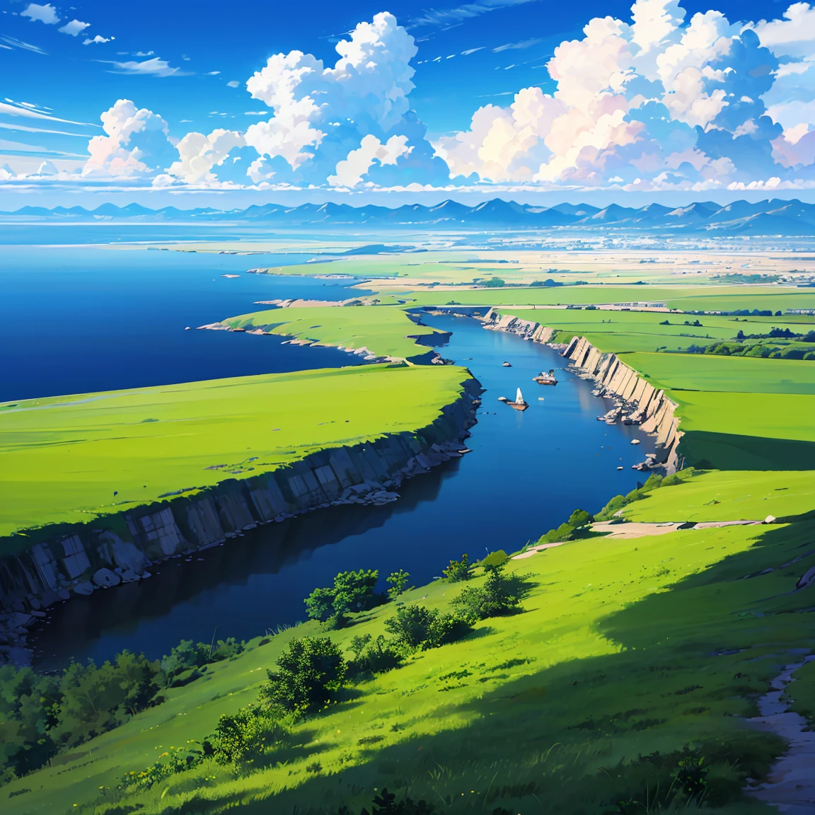 (Super detailed), ((highest quality)), (ultra high resolution,8K), (Highly detailed CG integrated 8k wallpaper), A single road across a beautiful, vast plain, Lush, flower, earth, horizon, cumulonimbus, Blue sky