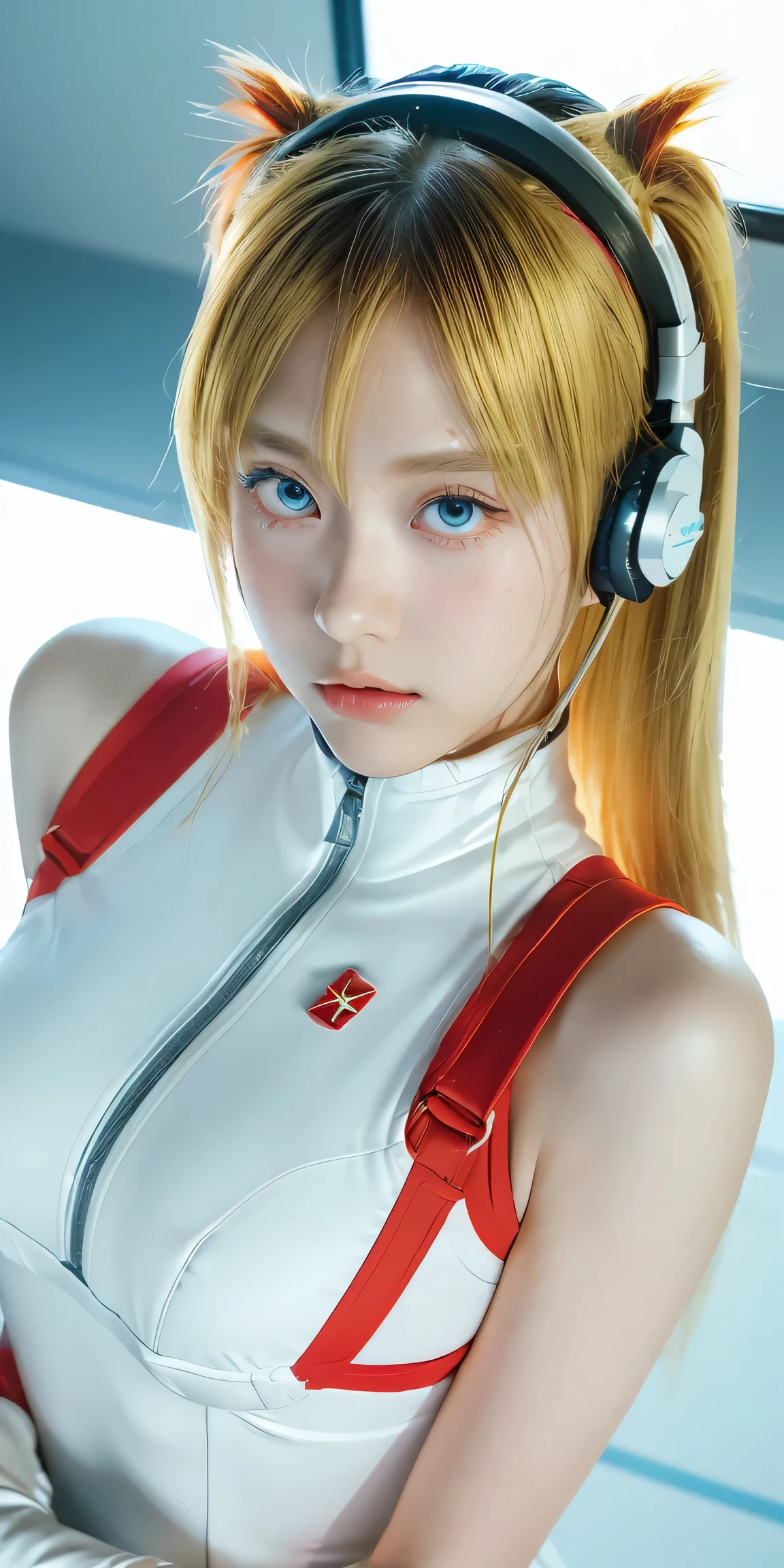 (Overhead view),dynamic angle,ultra-detailed, illustration, close-up, straight on, 1girl, 
 ((souryuu asuka langley, interface headset, red bodysuit:1.4, blonde)),Her eyes shone like dreamy stars,(glowing eyes:1.233),(beautiful and detailed eyes:1.1),(expressionless,closed mouth),(standing), 
(mechanic room with toolsand spaceship windowin a white SPACESHIP),
(night:1.2),dreamy, [[delicate fingers and hands:0.55]::0.85],(detail fingers),